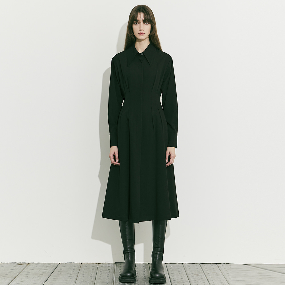 [WINTER SALE 30%]Long Sleeve Pin-tuck Shirt Dress - Black